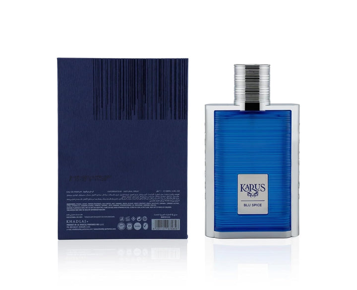 Khadlaj Karus Blu Spice – Spicy, Aromatic, Woody, Amber – Eau de Parfum Spray Long-Lasting Fragrance for Unisex, 3.4 Ounce / 100ml
